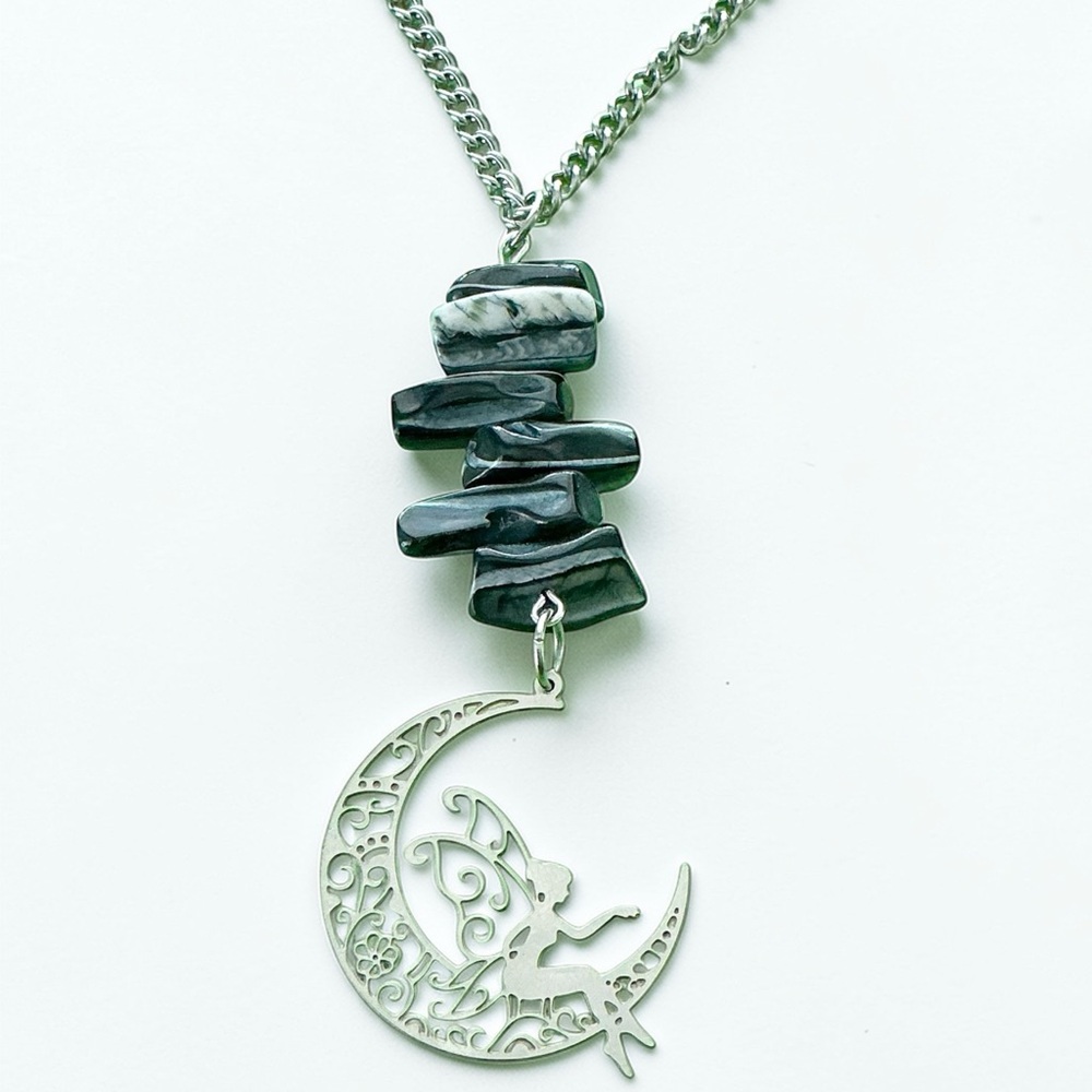 🆕 Fairy on the Moon and Large Black Obsidian Gemstones Pendant Necklace LAST ONE